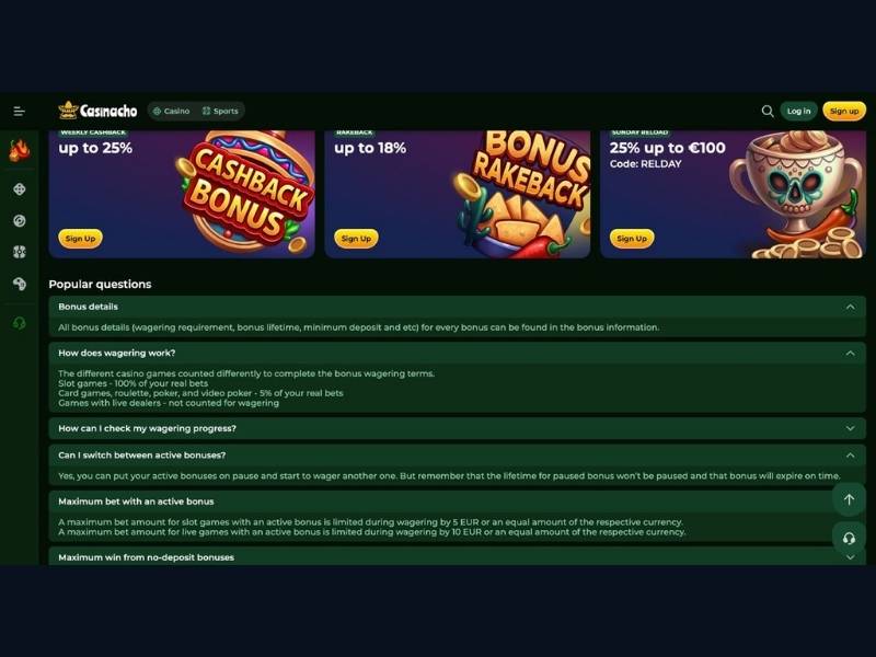 The welcome package in the playing experience at Casinacho Casino Nacho Casino for Canada